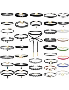 Set 38 coliere choker, catifea colorata, dantela, cu medalioane 2