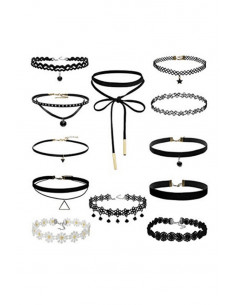 Set 12 coliere choker, catifea, dantela, tattoo choker, cu flori albe