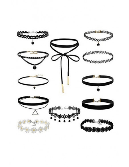 Set 12 coliere choker, catifea, dantela, tattoo choker, cu flori albe