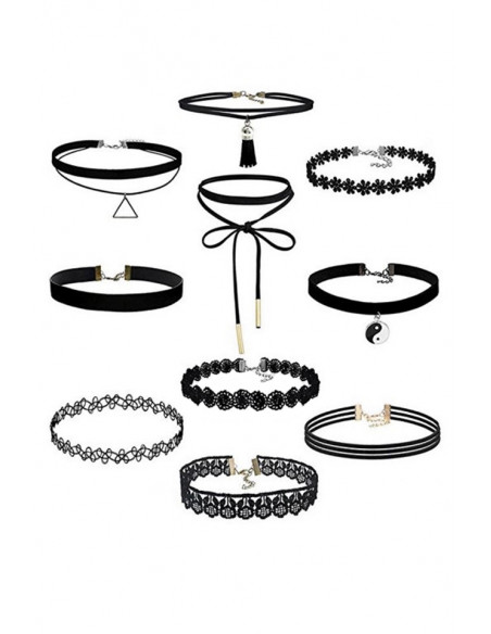 Set 10 coliere choker, catifea, dantela, tattoo choker, ying yang