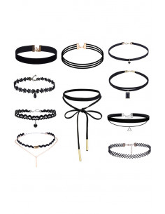 Set 10 coliere choker, catifea, dantela, triunghi si cristal negru