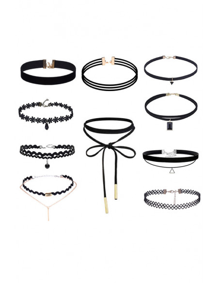 Set 10 coliere choker, catifea, dantela, triunghi si cristal negru