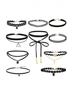 Set 10 coliere choker, catifea, dantela, triunghi, cristal