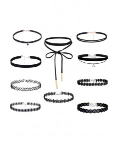 Set 10 coliere choker, catifea, dantela, tattoo choker, flori, triunghi