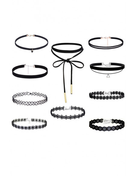 Set 10 coliere choker, catifea, dantela, tattoo choker, flori, triunghi