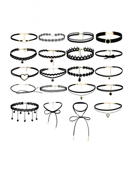 Set 20 coliere choker, catifea, dantela, triunghi, cruciulita, flori