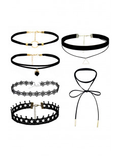 Set 6 coliere choker, catifea, dantela, triunghi, inel, cristal