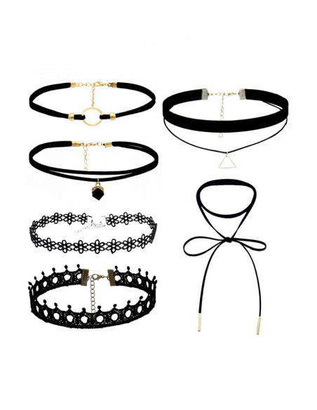 Set 6 coliere choker, catifea, dantela, triunghi, inel, cristal