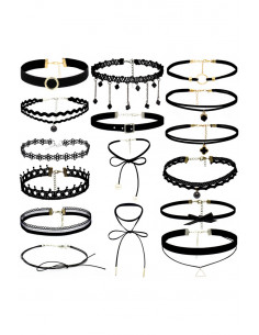 Set 16 coliere choker, catifea, dantela, flori, fundita, triunghi