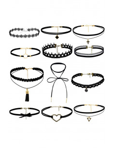 Set 12 coliere choker, catifea, dantela, inima, fundita, triunghi