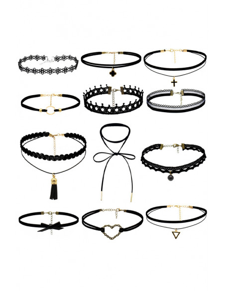 Set 12 coliere choker, catifea, dantela, inima, fundita, triunghi