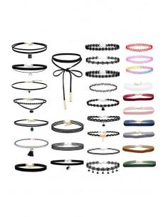 Set 30 coliere choker multicolor, catifea, triunghi, dantela, tattoo choker