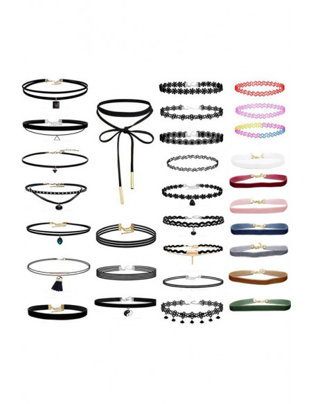 Set 30 coliere choker multicolor, catifea, triunghi, dantela, tattoo choker