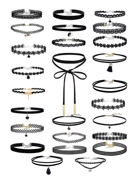Set 26 coliere choker, catifea, dantela, trunghi, picatura, ying yang