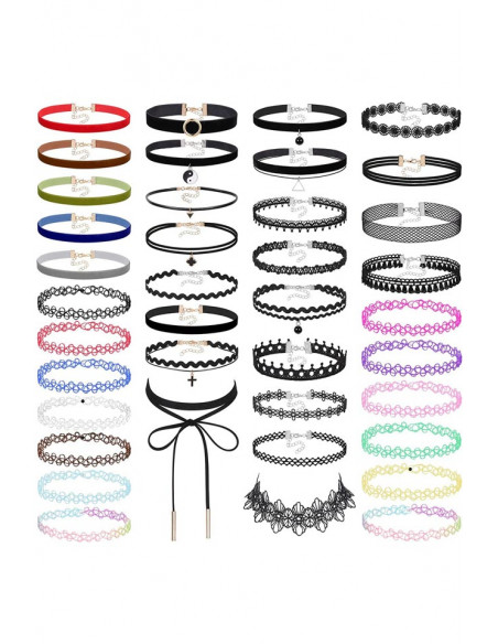Set 39 coliere choker multicolor, catifea, dantela, tattoo choker, cruce, ying yang
