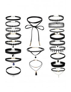 Set 20 coliere choker din dantela si catifea, flori, triunghi, cristal