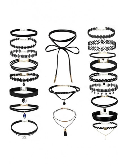 Set 20 coliere choker din dantela si catifea, flori, triunghi, cristal