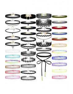 Set 40 coliere choker din dantela, tattoo choker multicolor si catifea, cruce, triunghi