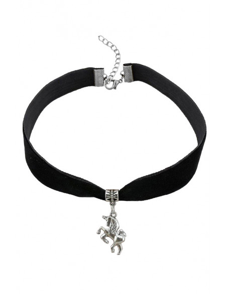 Colier choker din catifea neagra, cu medalion Unicorn