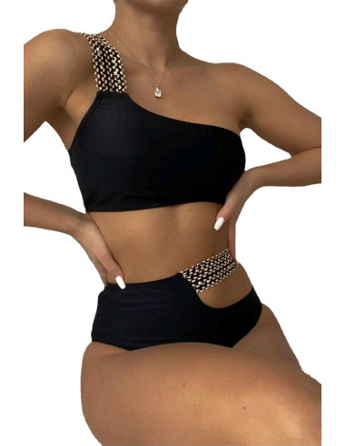 Costum de baie doua piese, asimetric, talie inalta si sutien bandeau, benzi cu paiete aurii