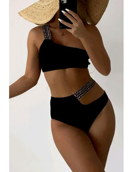 Costum de baie doua piese, asimetric, talie inalta si sutien bandeau, benzi cu paiete aurii