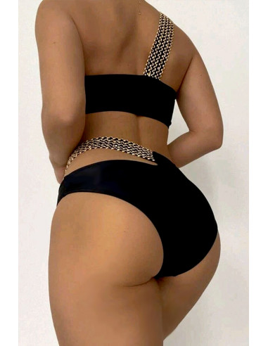 Costum de baie doua piese, asimetric, talie inalta si sutien bandeau, benzi cu paiete aurii