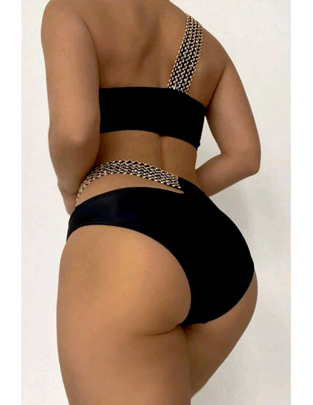 Costum de baie doua piese, asimetric, talie inalta si sutien bandeau, benzi cu paiete aurii