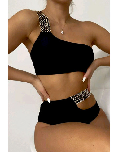 Costum de baie doua piese, asimetric, talie inalta si sutien bandeau, benzi cu paiete aurii