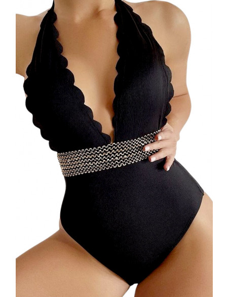 Costum de baie intreg, elegant, margine decupata si banda cu paiete in talie