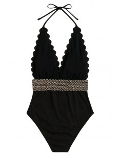 Costum de baie intreg, elegant, margine decupata si banda cu paiete in talie 2