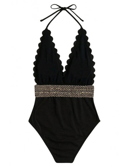 Costum de baie intreg, elegant, margine decupata si banda cu paiete in talie