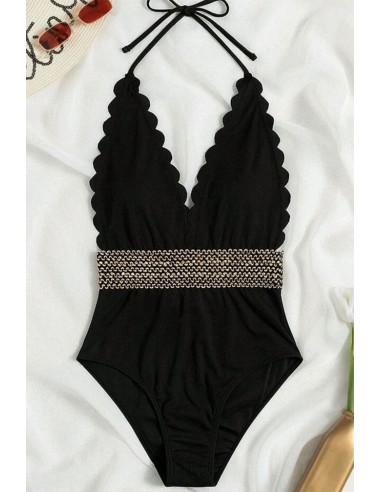 Costum de baie intreg, elegant, margine decupata si banda cu paiete in talie