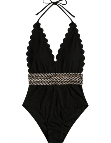 Costum de baie intreg, elegant, margine decupata si banda cu paiete in talie