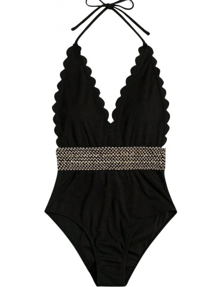 Costum de baie intreg, elegant, margine decupata si banda cu paiete in talie