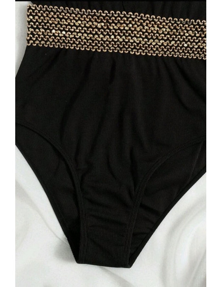 Costum de baie intreg, elegant, margine decupata si banda cu paiete in talie
