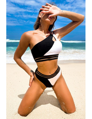 Costum de baie doua piese, asimetric, in doua culori, cu benzi elastice late