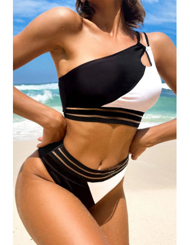 Costum de baie doua piese, asimetric, in doua culori, cu benzi elastice late