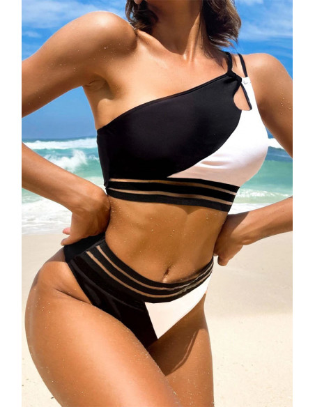 Costum de baie doua piese, asimetric, in doua culori, cu benzi elastice late
