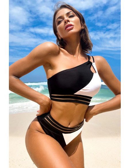 Costum de baie doua piese, asimetric, in doua culori, cu benzi elastice late