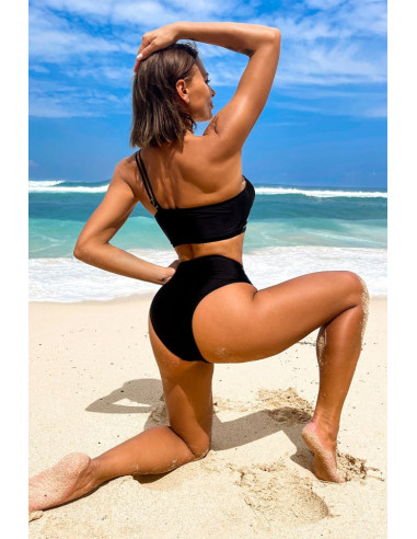 Costum de baie doua piese, asimetric, in doua culori, cu benzi elastice late
