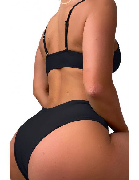 Costum de baie doua piese, slip cu sold inalt si cupe incretite cu snur
