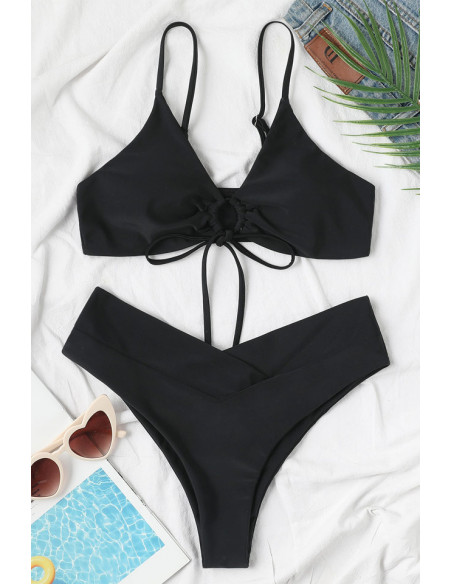 Costum de baie doua piese, slip cu sold inalt si cupe incretite cu snur
