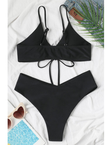 Costum de baie doua piese, slip cu sold inalt si cupe incretite cu snur