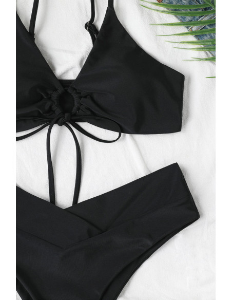 Costum de baie doua piese, slip cu sold inalt si cupe incretite cu snur