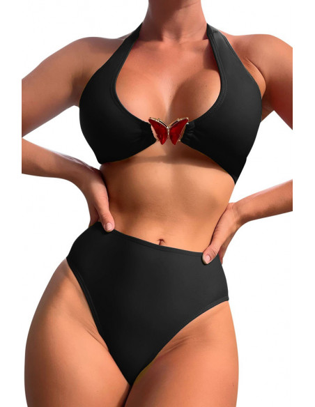 Costum de baie trei piese, sutien cu fluture din cristale, slip clasic si fustita