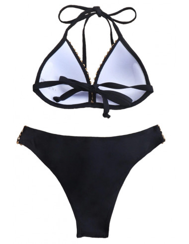 Costum de baie doua piese, cupe triunghiulare si slip clasic, benzi cu paiete