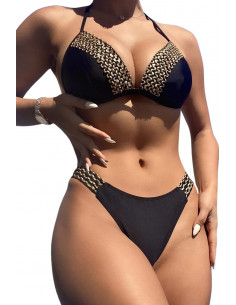 Costum de baie doua piese, cupe triunghiulare si slip clasic, benzi cu paiete