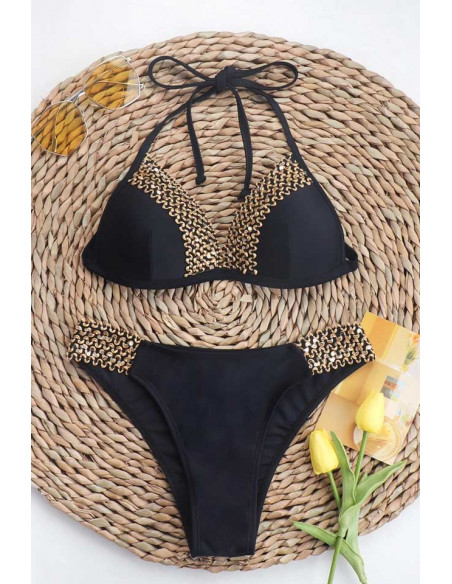 Costum de baie doua piese, cupe triunghiulare si slip clasic, benzi cu paiete