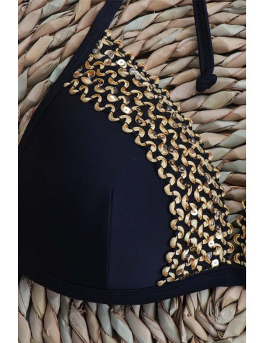 Costum de baie doua piese, cupe triunghiulare si slip clasic, benzi cu paiete