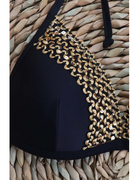 Costum de baie doua piese, cupe triunghiulare si slip clasic, benzi cu paiete